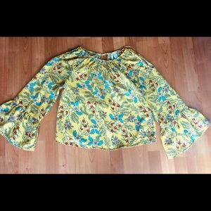 Yellow Floral Print of the Shoulder Top